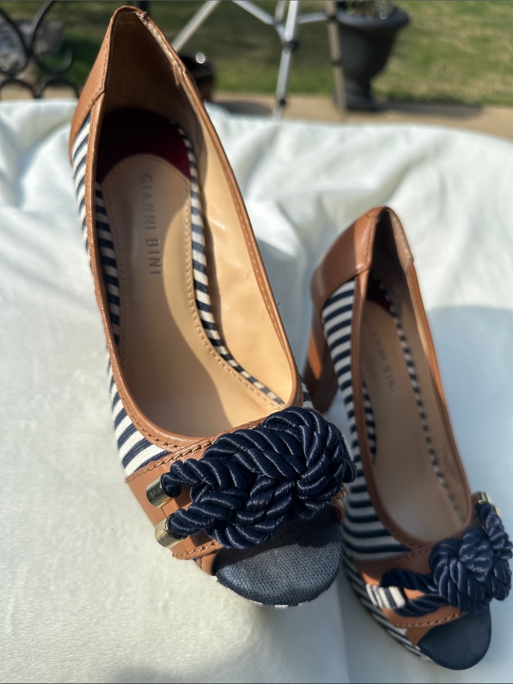 Gianni Bini Navy and White Striped Peep-Toe Heels with Tan Trim - Picture 2 of 8